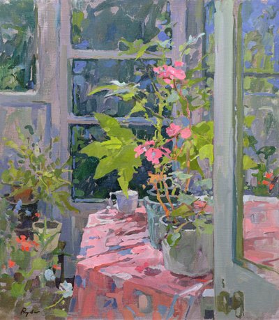 Geraniums and Pink Cloth by Susan Ryder